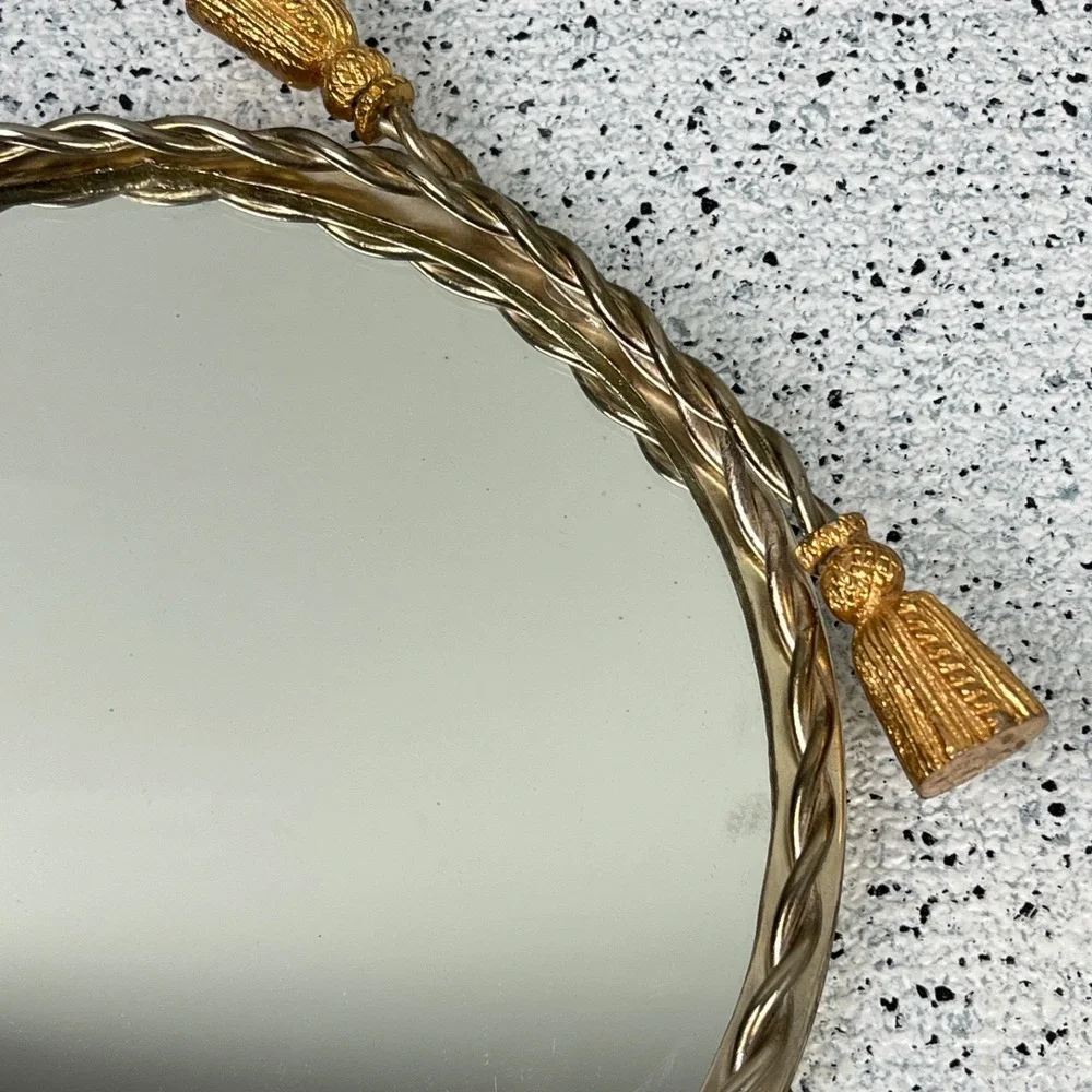 Vintage Hollywood Regency Round Mirror‎ Vanity Tray Rope Gold Tassel Handles 8